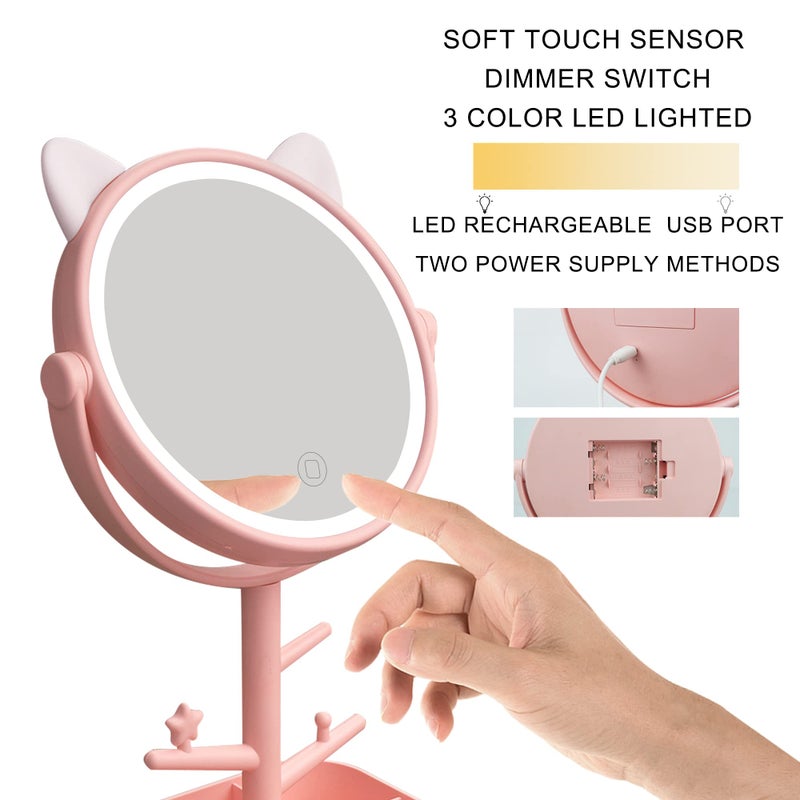 Nonebranded Vanity Mirror with Lights & Desk Mirror Lights Touch-Screen Light Control Portable High Definition Cosmetic Lighted Up Mirror with USB Port in 360 Degree Rotation(Pink) - Image 1